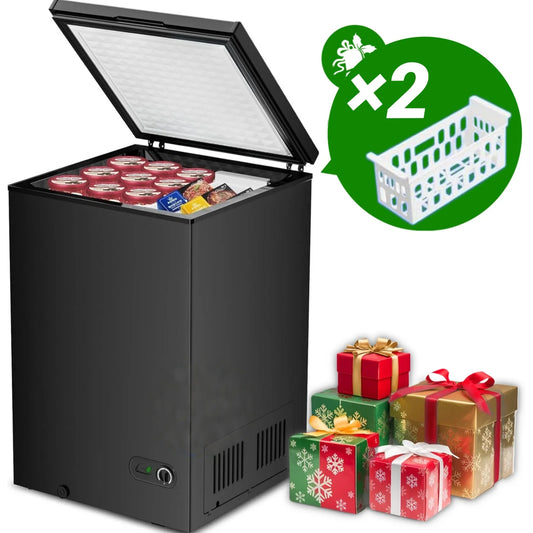 LHRIVER Mini Freezer Chest 3.5 cu ft, Deep Freezer & Side Handle, Compact Freezer with 7 Gear Adjustable Temperature, Removable Storage Basket, Black